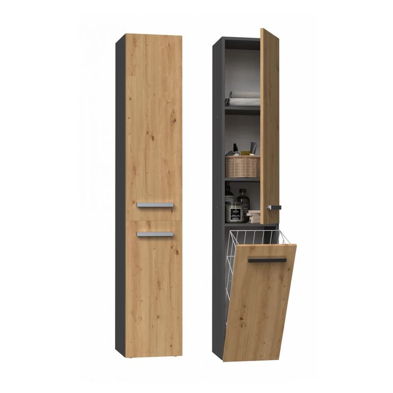 Hoher Badezimmerschrank mit Korb ATSO – Eiche Artisan / anthrazit