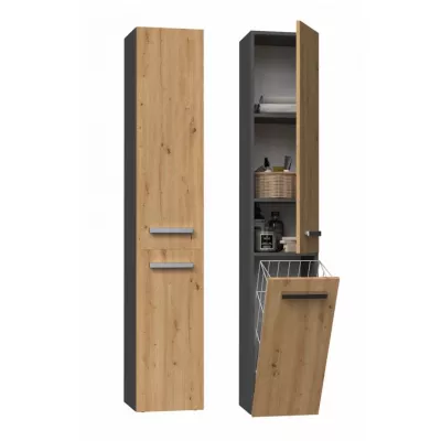 Hoher Badezimmerschrank mit Korb ATSO – Eiche Artisan / anthrazit