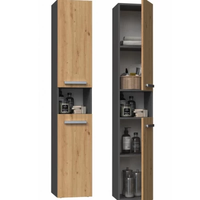 Hoher Badschrank mit Regalboden ATSO – Eiche Artisan / anthrazit