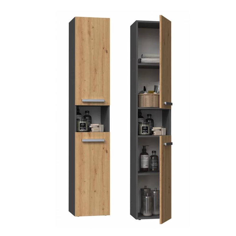 Hoher Badschrank mit Regalboden ATSO – Eiche Artisan / anthrazit