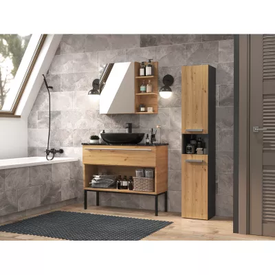 Hoher Badschrank mit Regalboden ATSO – Eiche Artisan / anthrazit