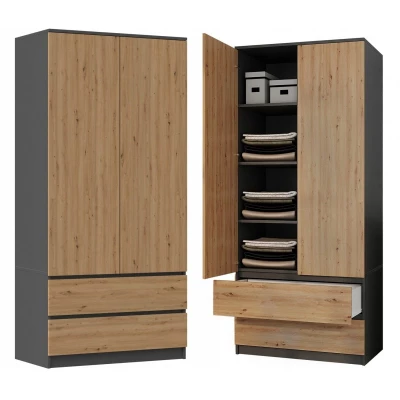 Kleiderschrank 90 cm mit Schubladen TAAVI – Eiche artisan / anthrazit