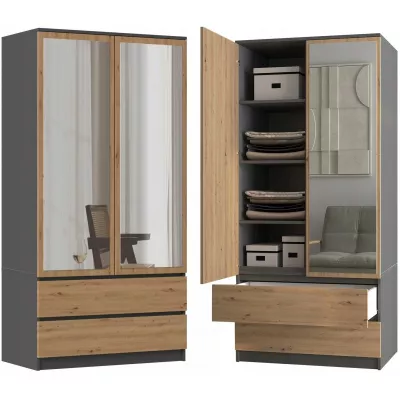 Kleiderschrank 90 cm mit Spiegel TAAVI – Eiche artisan / anthrazit