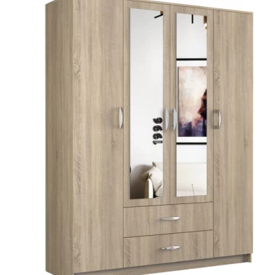 Kleiderschrank 160 cm mit Spiegel und Schubladen RAGNAR – Eiche sonoma