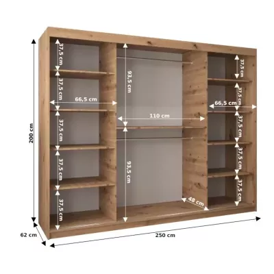 Kleiderschrank mit Spiegel ANNA – Breite 250 cm, Eiche sonoma / weiß