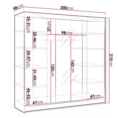 Kleiderschrank DANIELLA 1 – Breite 200 cm, schwarz / Eiche artisan