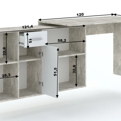 Eckschreibtisch ZAVALLA – Beton / Weiß