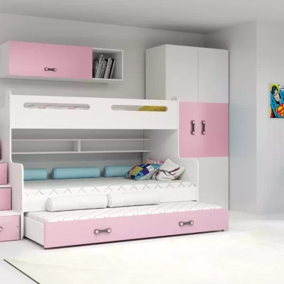 Kinderhochbett mit Zustellbett ohne Matratzen 80x200 IDA 3 – Weiß / Rosa