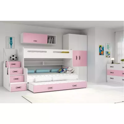 Kinderhochbett mit Zustellbett ohne Matratzen 80x200 IDA 3 – Weiß / Rosa