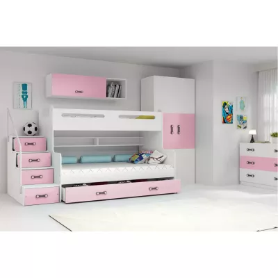 Kinderhochbett mit Stauraum ohne Matratzen 80x200 IDA 3 – Weiß / Rosa