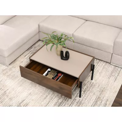 Couchtisch TOMAN mit Schublade – Nussbaum/Beige