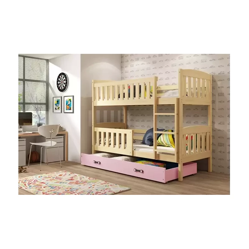 Kinderhochbett mit Stauraum und Matratzen 80x190 BRIGID – Kiefer / Rosa