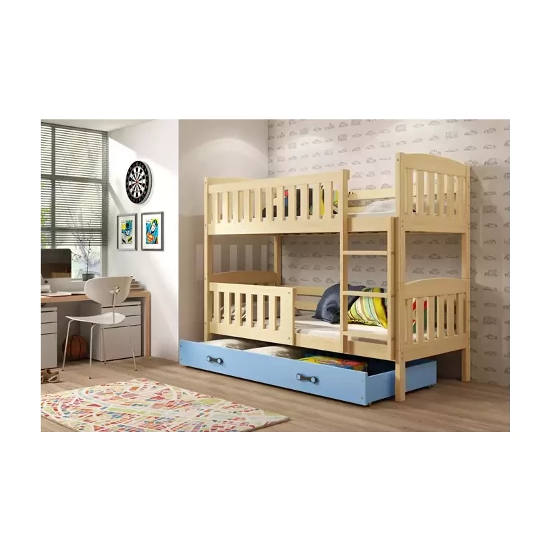 Kinderhochbett mit Stauraum und Matratzen 80x190 BRIGID – Kiefer / Blau