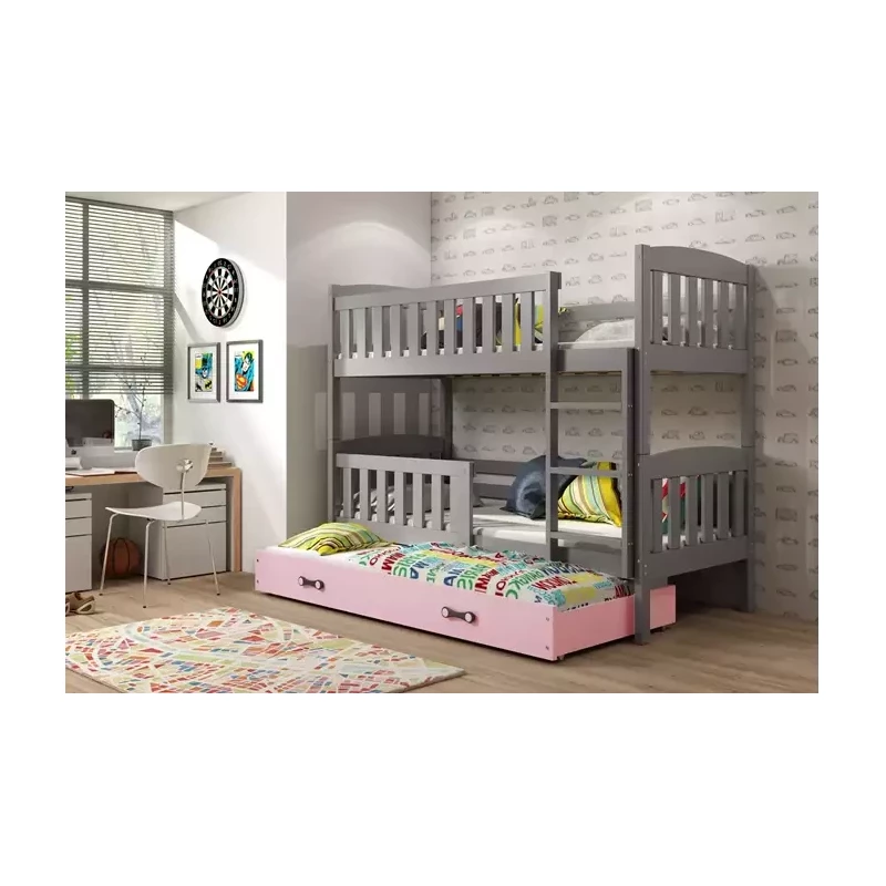 Kinderhochbett mit Zustellbett und Matratzen 80x190 BRIGID – Graphit / Rosa