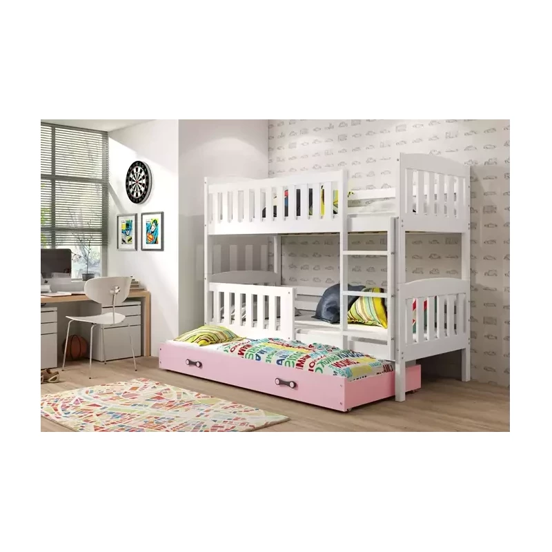 Kinderhochbett mit Zustellbett und Matratzen 80x190 BRIGID – Weiß / Rosa