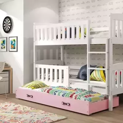 Kinderhochbett mit Zustellbett ohne Matratzen 80x190 BRIGID – Weiß / Rosa