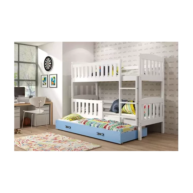 Kinderhochbett mit Zustellbett und Matratzen 80x190 BRIGID – Weiß / Blau