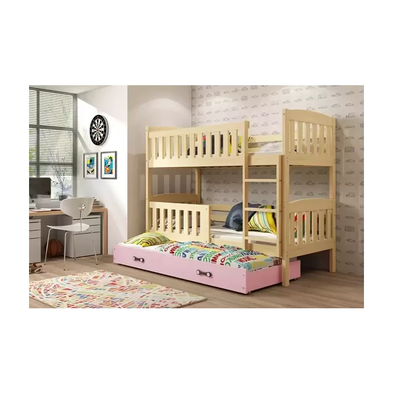 Kinderhochbett mit Zustellbett und Matratzen 80x190 BRIGID – Kiefer / Rosa