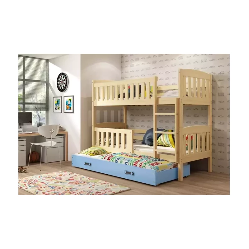 Kinderhochbett mit Zustellbett und Matratzen 80x190 BRIGID – Kiefer / Blau