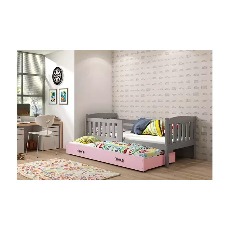 Kinderbett mit Zustellbett und Matratzen 80x190 BRIGID – Graphit / Rosa