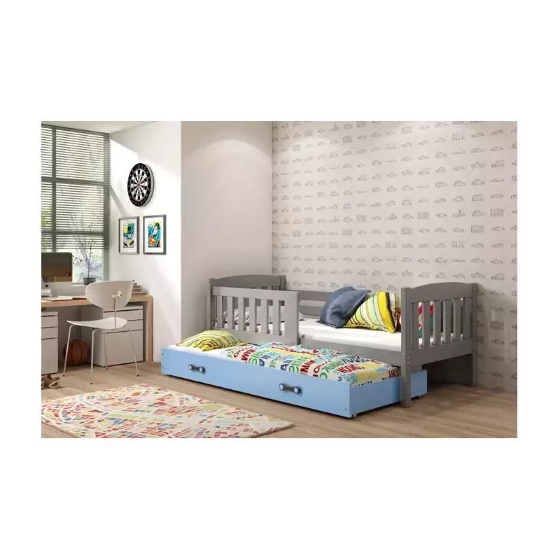 Kinderbett mit Zustellbett und Matratzen 80x190 BRIGID – Graphit / Blau