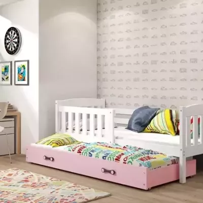 Kinderbett mit Zustellbett und Matratzen 80x190 BRIGID – Weiß / Rosa