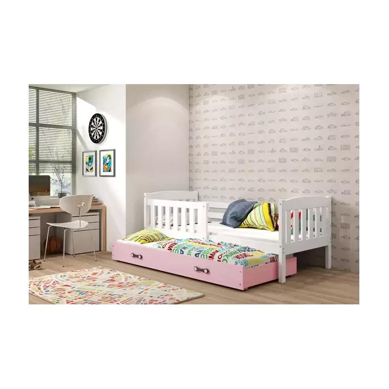 Kinderbett mit Zustellbett und Matratzen 80x190 BRIGID – Weiß / Rosa