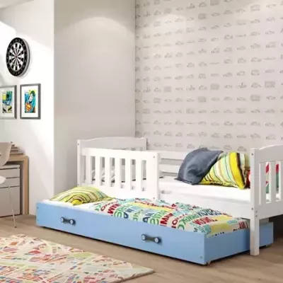 Kinderbett mit Zustellbett und Matratzen 80x190 BRIGID – Weiß / Blau