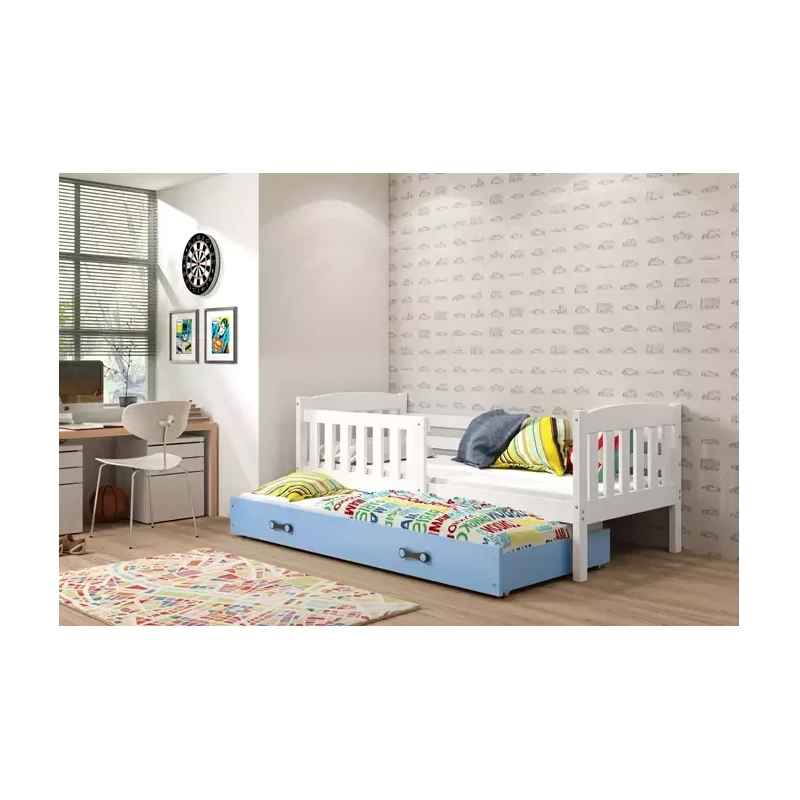 Kinderbett mit Zustellbett und Matratzen 80x190 BRIGID – Weiß / Blau