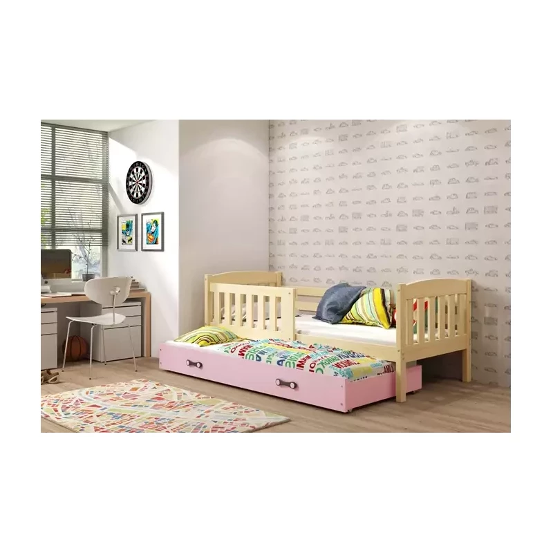 Kinderbett mit Zustellbett und Matratzen 80x190 BRIGID – Kiefer / Rosa