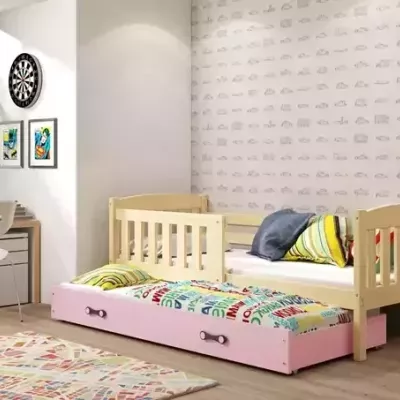 Kinderbett mit Zustellbett und Matratzen 80x190 BRIGID – Kiefer / Rosa