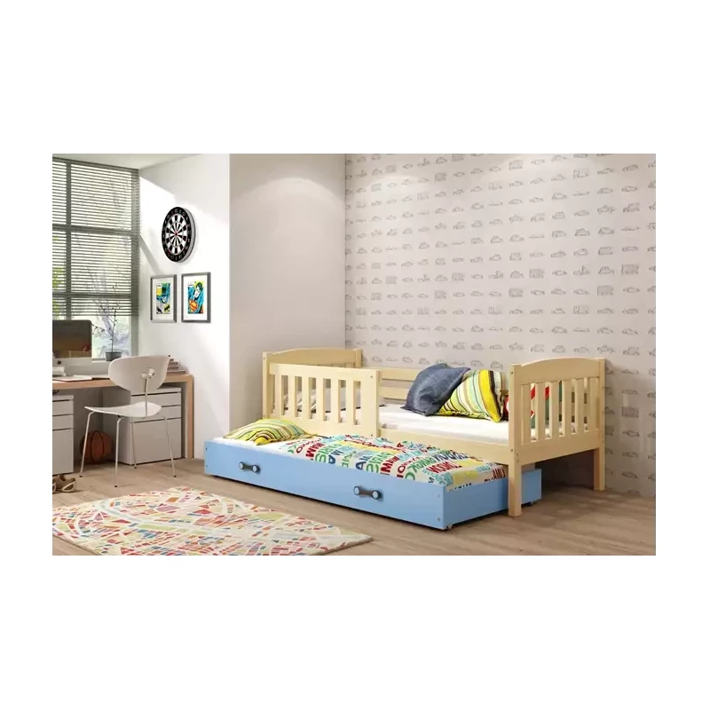 Kinderbett mit Zustellbett und Matratzen 80x190 BRIGID – Kiefer / Blau