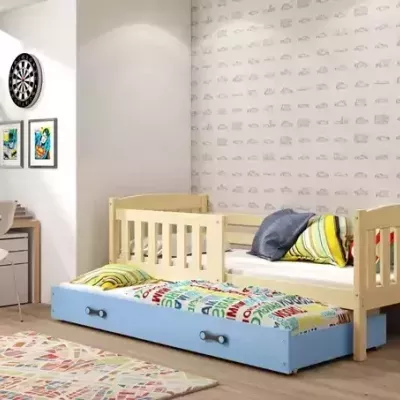 Kinderbett mit Zustellbett und Matratzen 80x190 BRIGID – Kiefer / Blau