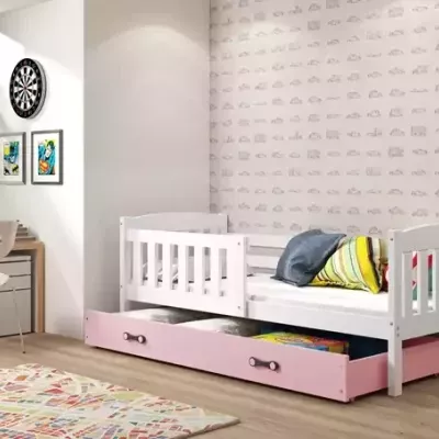 Kinderbett mit Stauraum ohne Matratze 80x190 BRIGID – Weiß / Rosa