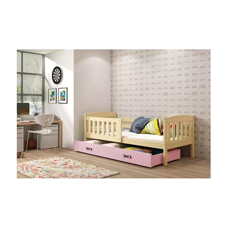 Kinderbett mit Stauraum mit Matratze 80x190 BRIGID – Kiefer / Rosa