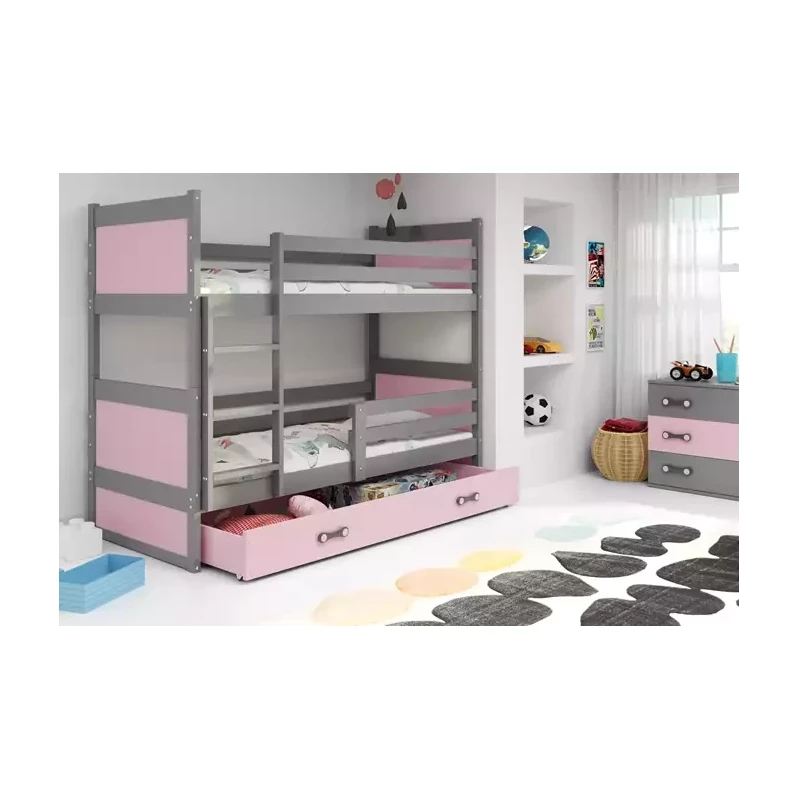 Kinderhochbett mit Stauraum ohne Matratze 80x190 FERGUS – Graphit / Rosa