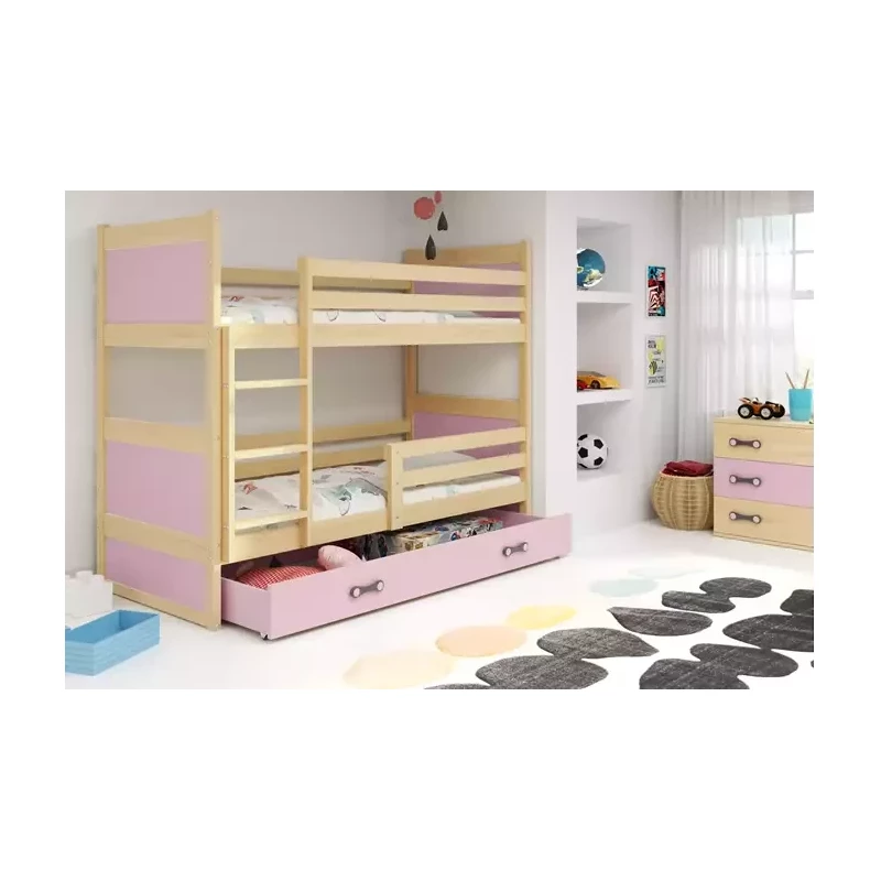 Kinderhochbett mit Stauraum und Matratzen 80x190 FERGUS – Kiefer / Rosa