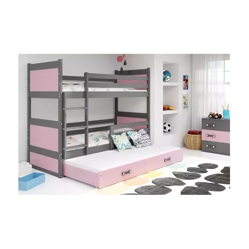 Kinderhochbett mit Zustellbett ohne Matratzen 80x190 FERGUS – Graphit / Rosa