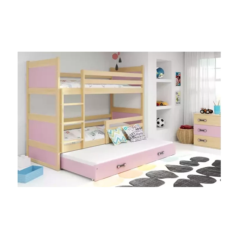 Kinderhochbett mit Zustellbett ohne Matratzen 80x190 FERGUS – Kiefer / Rosa