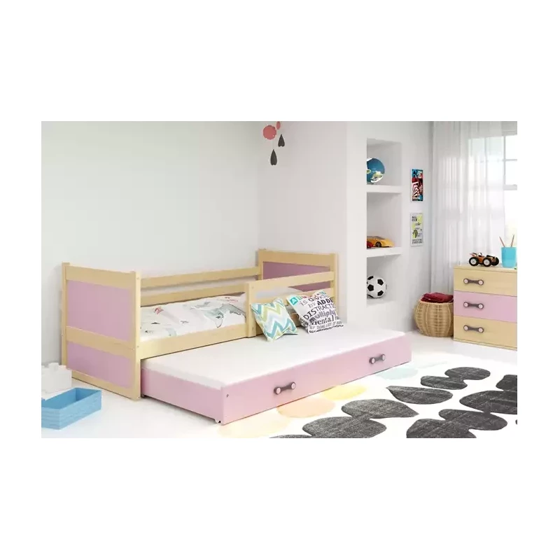 Kinderbett mit Zustellbett ohne Matratzen 80x190 FERGUS – Kiefer / Rosa