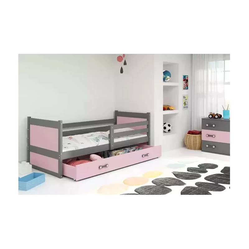 Kinderbett mit Stauraum mit Matratze 80x190 FERGUS – Graphit / Rosa