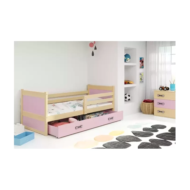 Kinderbett mit Stauraum mit Matratze 80x190 FERGUS – Kiefer / Rosa