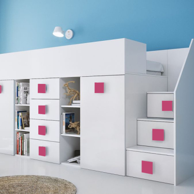 Kinderhochbett mit Stauraum und Schreibtisch Willy – rosa Griffe rechts