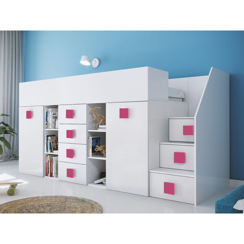 Kinderhochbett mit Stauraum und Schreibtisch Willy – rosa Griffe rechts