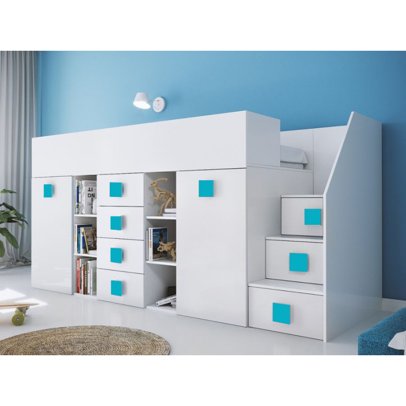 Kinderhochbett mit Stauraum und Schreibtisch Willy – blaue Griffe rechts