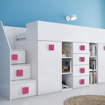 Kinderhochbett mit Stauraum und Schreibtisch Willy – rosa Griffe links