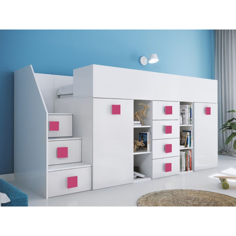 Kinderhochbett mit Stauraum und Schreibtisch Willy – rosa Griffe links