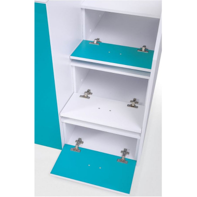 Kinderhochbett mit Stauraum und Schreibtisch Willy – blaue Griffe links