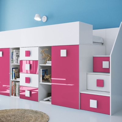 Kinderhochbett mit Stauraum und Schreibtisch Willy – Rosa rechts