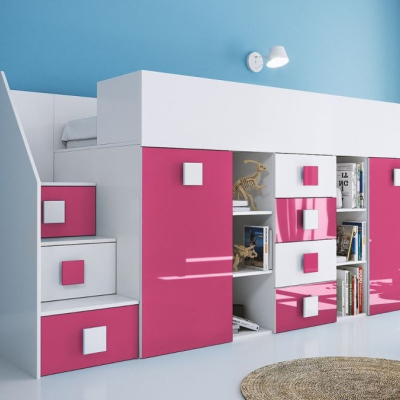 Kinderhochbett mit Stauraum und Schreibtisch Willy – Rosa links